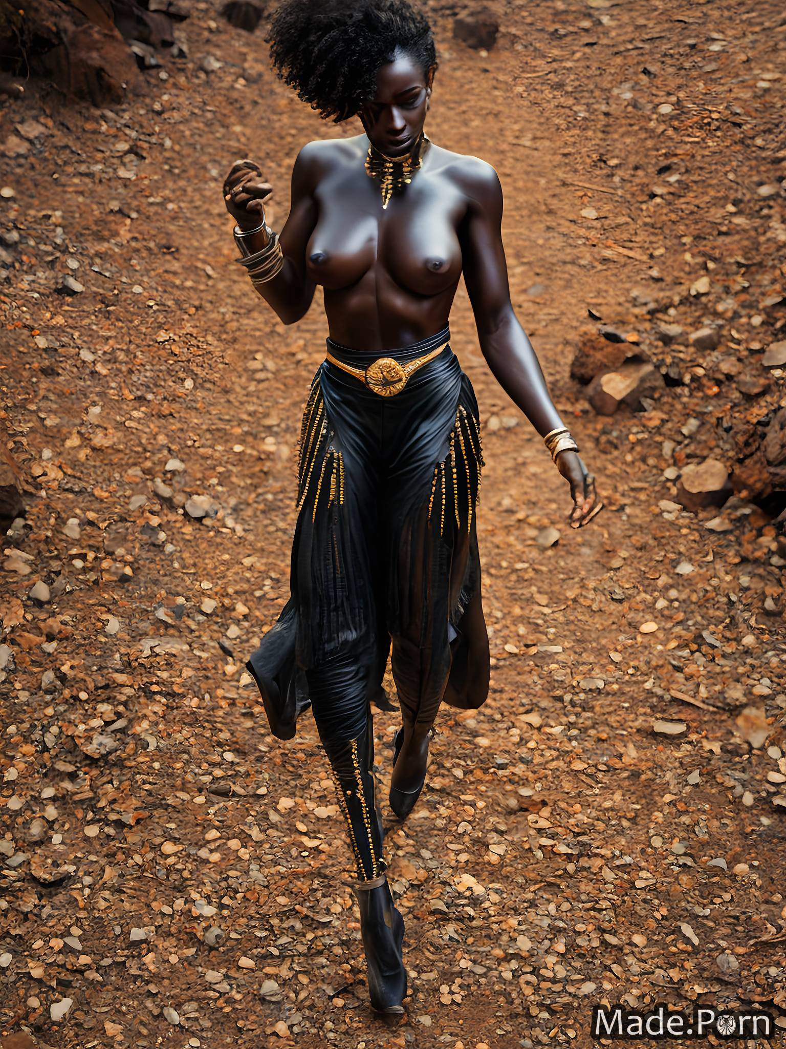 gold woman gigantic boobs leather bodybuilder bronze black
