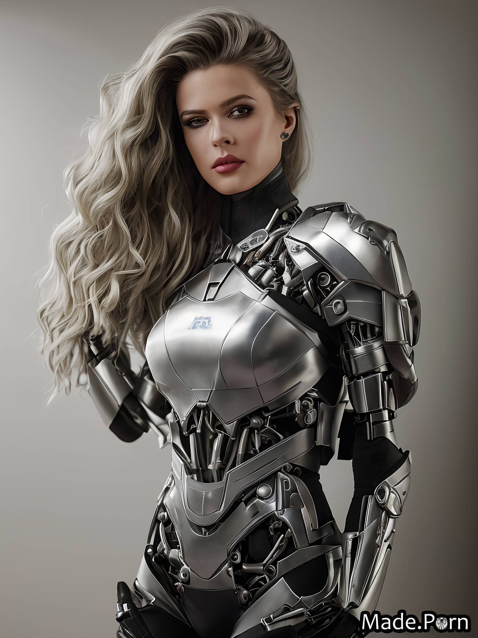 cyborg woman photo studio standing photo anodized metal chrome
