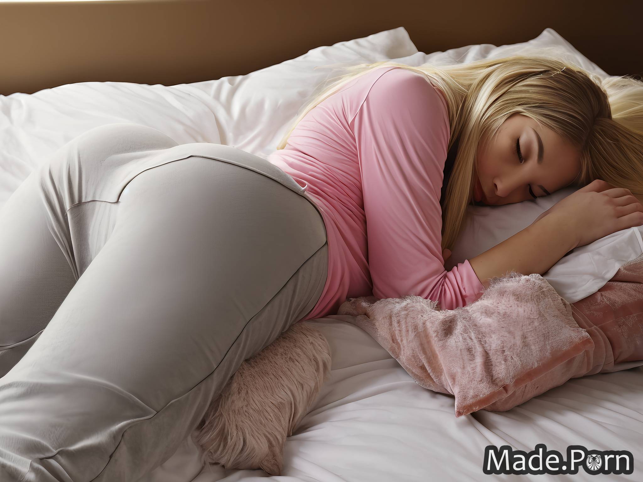 blonde bed long hair fully clothed realistic art 20 pink